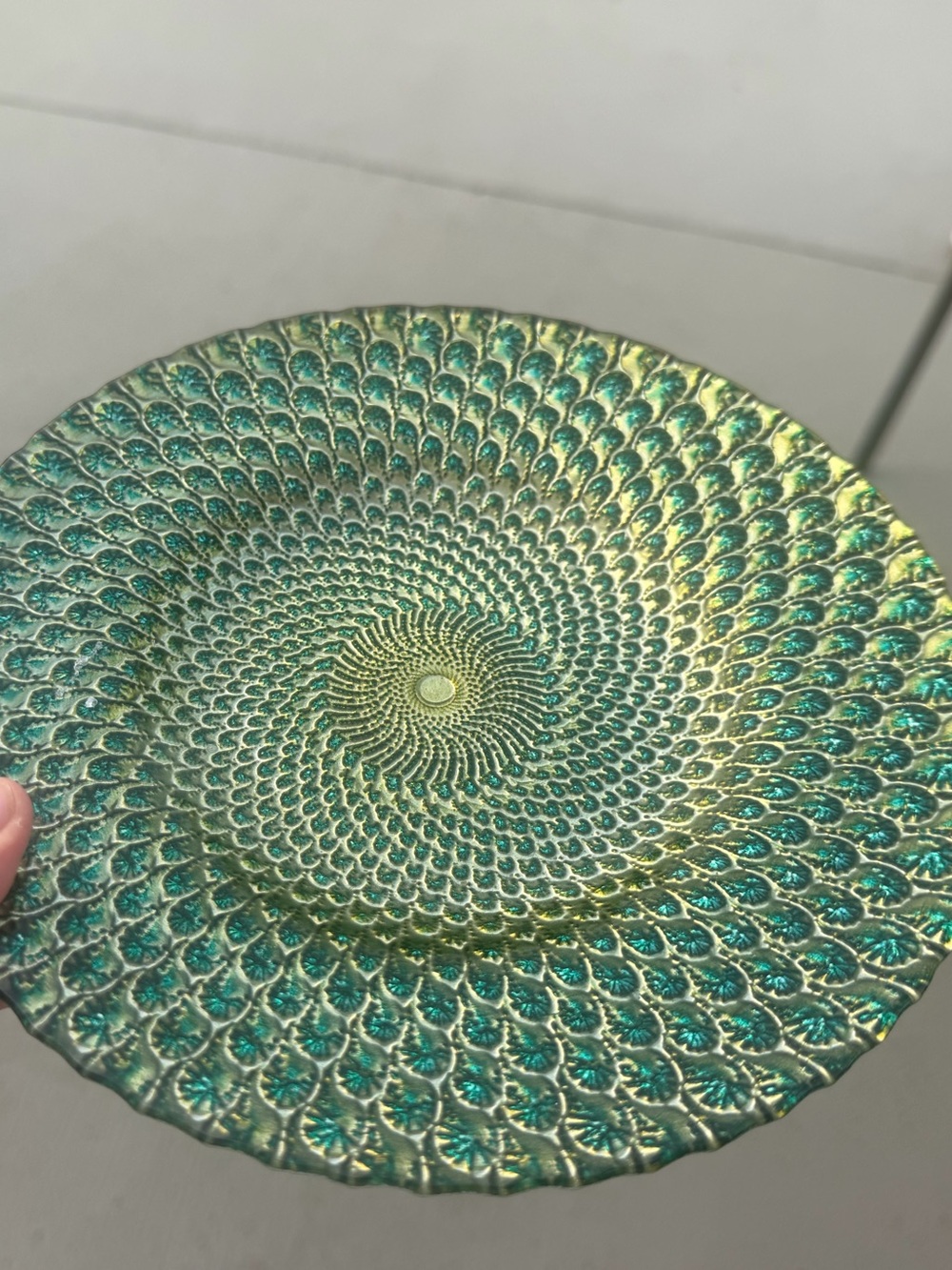 Vintage Peacock bowl/plate Anton studio design green turquoise glass round.